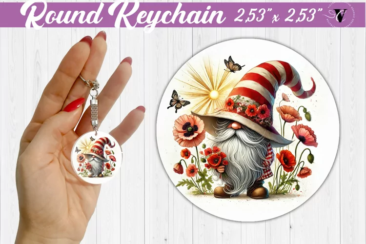 Round Keychain | Gnome with Flowers | Spring