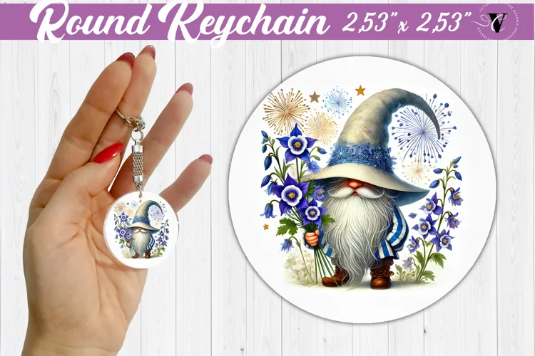 Round Keychain | Gnome with Flowers | Spring