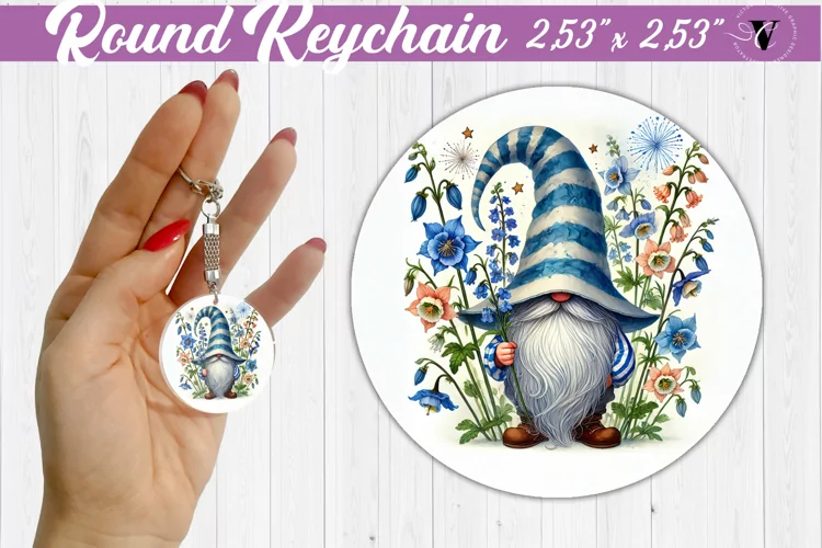 Round Keychain | Gnome with Flowers | Spring