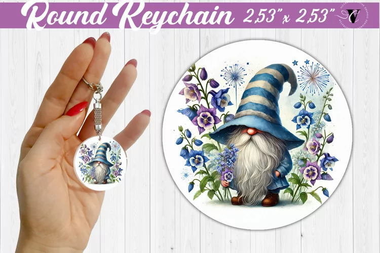 Round Keychain | Gnome with Flowers | Spring