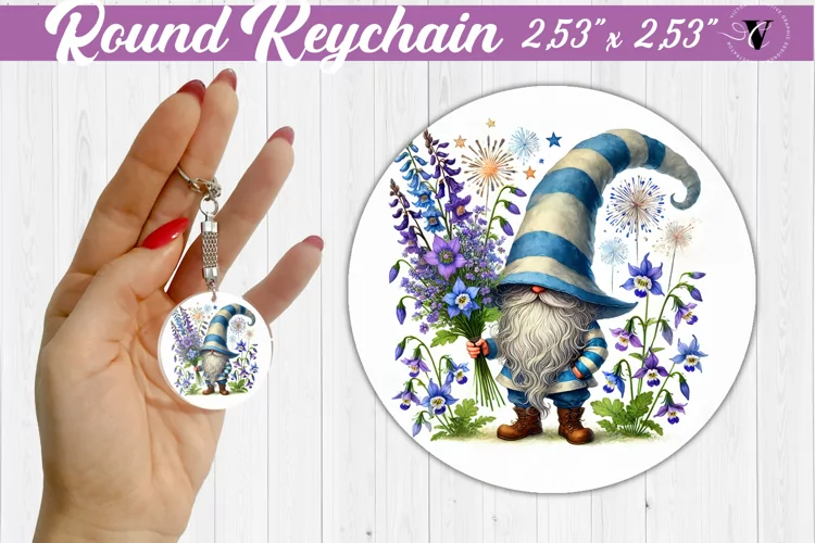 Round Keychain | Gnome with Flowers | Spring