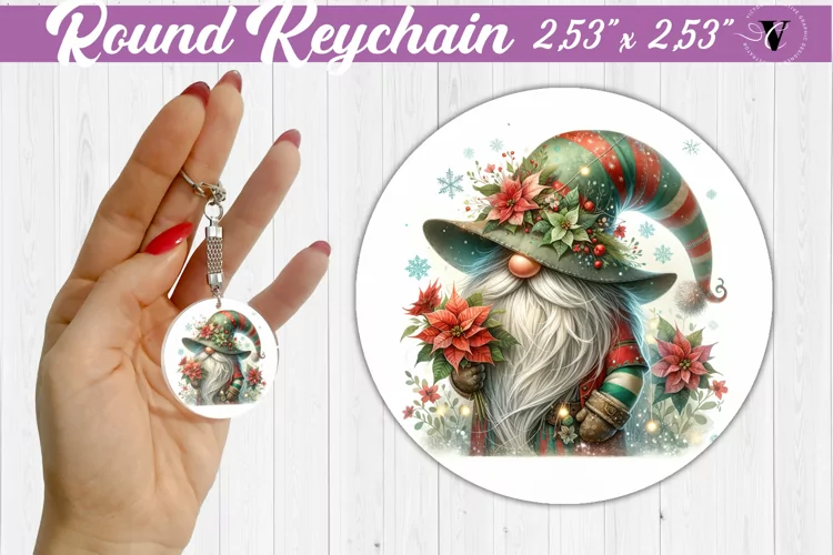 Round Keychain | Gnome with Flowers | Spring