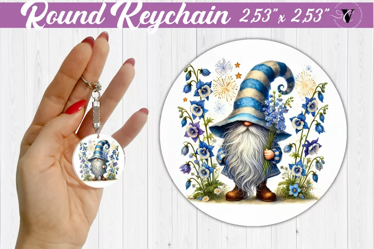 Round Keychain | Gnome with Flowers | Spring
