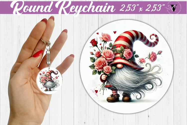 Round Keychain | Gnome with Flowers | Spring