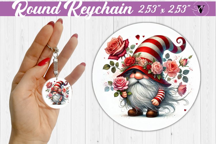Round Keychain | Gnome with Flowers | Spring example image 1