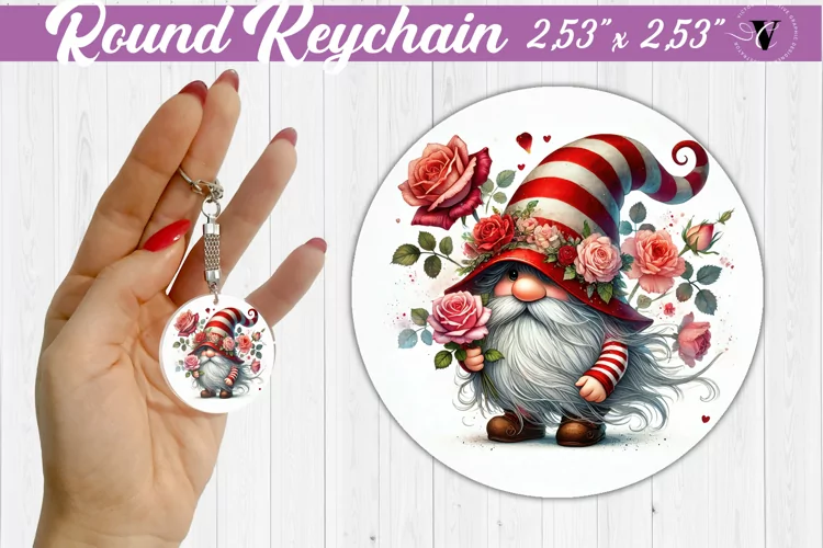 Round Keychain | Gnome with Flowers | Spring