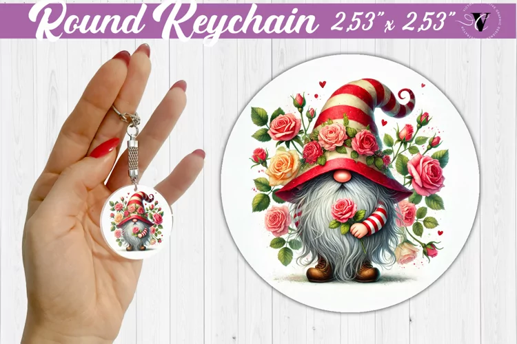 Round Keychain | Gnome with Flowers | Spring