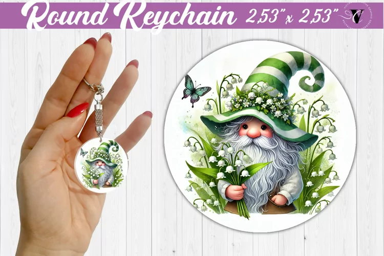 Round Keychain | Gnome with Flowers | Spring
