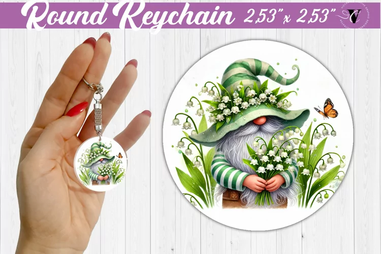 Round Keychain | Gnome with Flowers | Spring