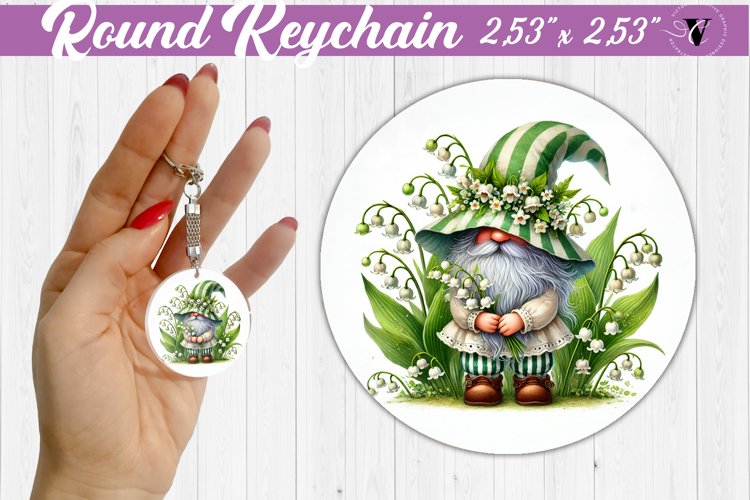 Round Keychain | Gnome with Flowers | Spring