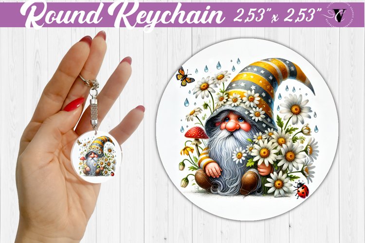 Round Keychain | Gnome with Flowers | Spring example image 1