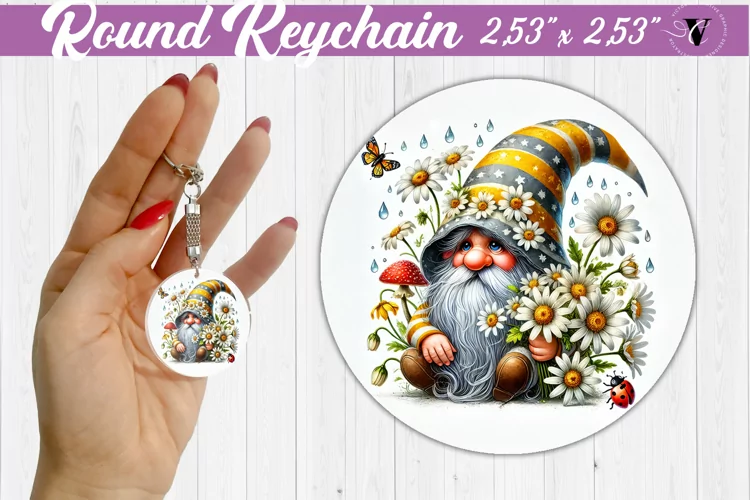 Round Keychain | Gnome with Flowers | Spring