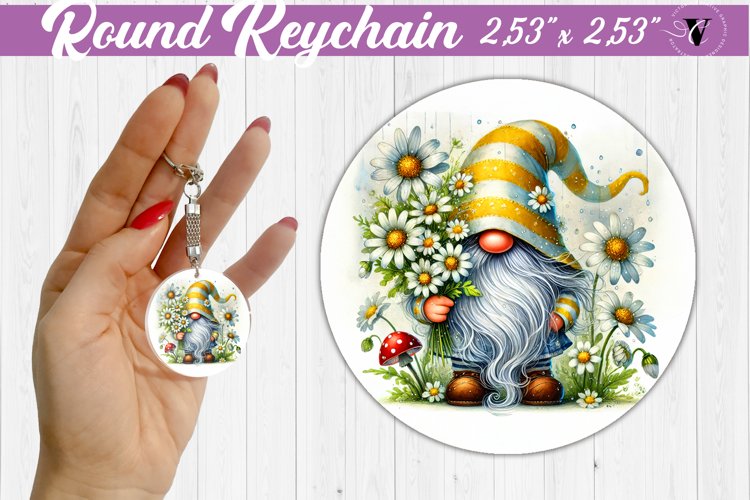 Round Keychain | Gnome with Flowers | Spring example image 1