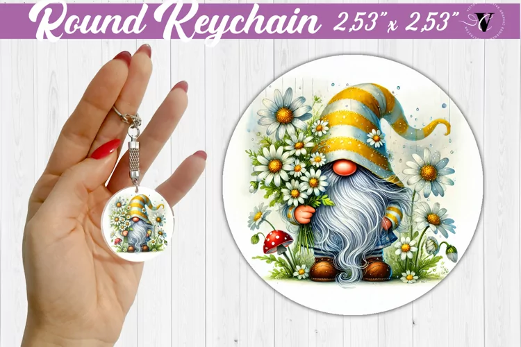 Round Keychain | Gnome with Flowers | Spring