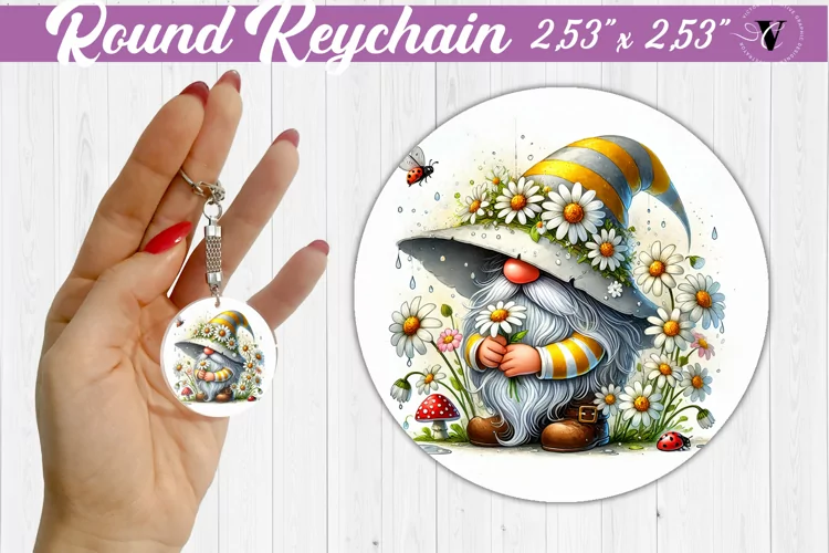 Round Keychain | Gnome with Flowers | Spring