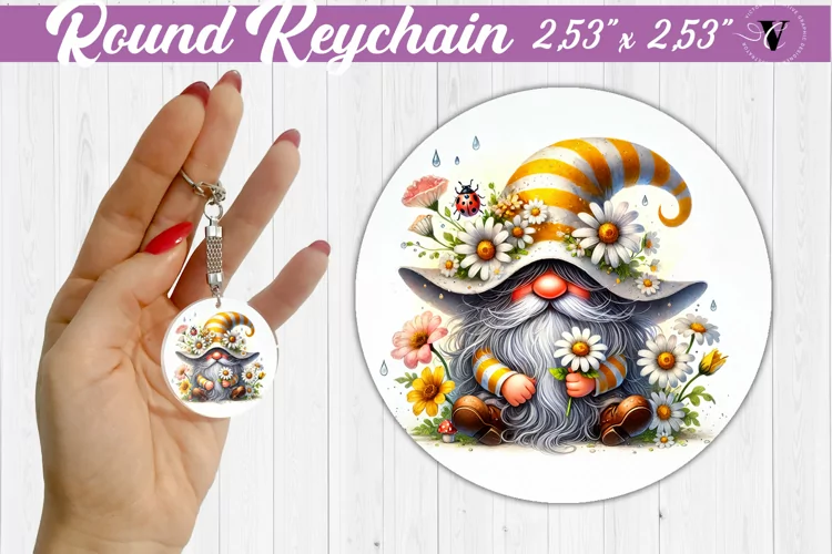 Round Keychain | Gnome with Flowers | Spring