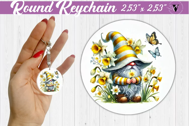 Round Keychain | Gnome with Flowers | Spring