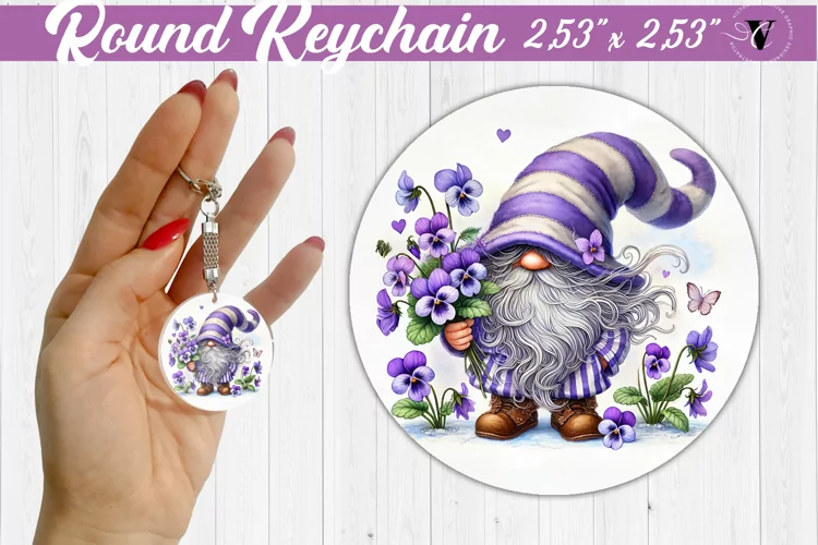 Round Keychain | Gnome with Flowers | Spring