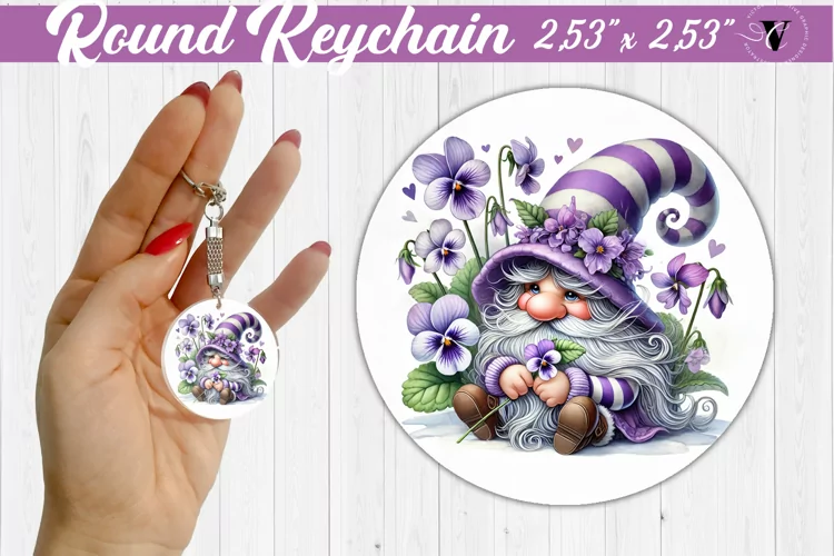 Round Keychain | Gnome with Flowers | Spring