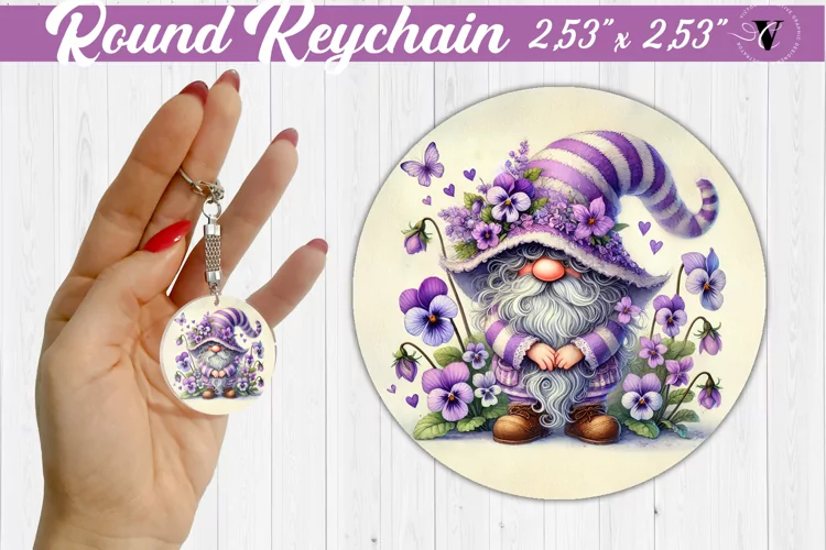 Round Keychain | Gnome with Flowers | Spring