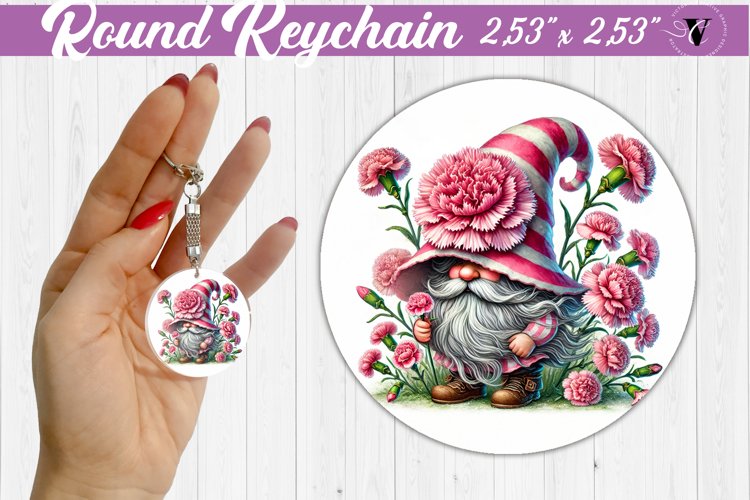 Round Keychain | Gnome with Flowers | Spring example image 1