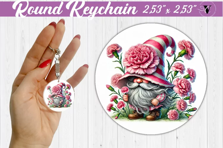 Round Keychain | Gnome with Flowers | Spring