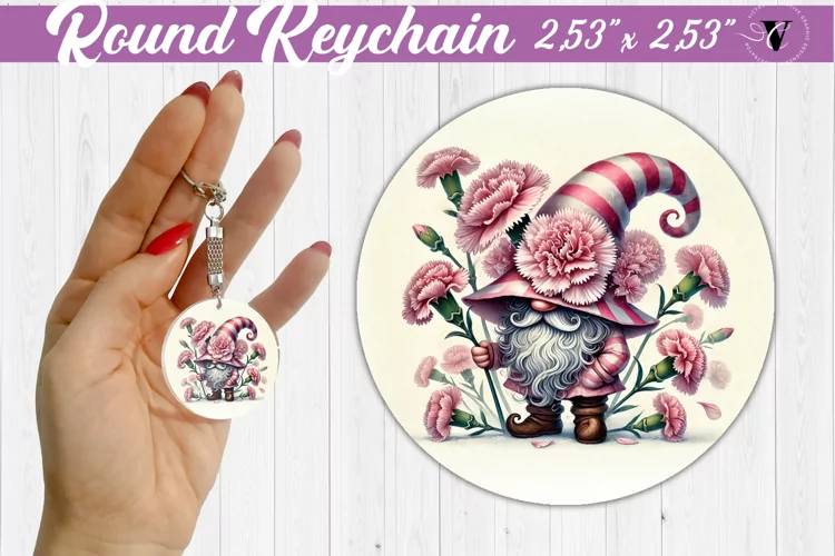 Round Keychain | Gnome with Flowers | Spring