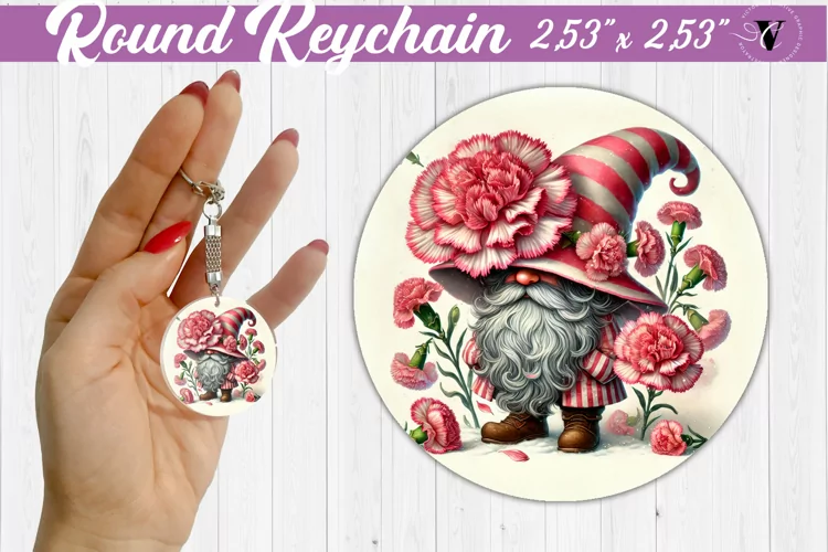 Round Keychain | Gnome with Flowers | Spring