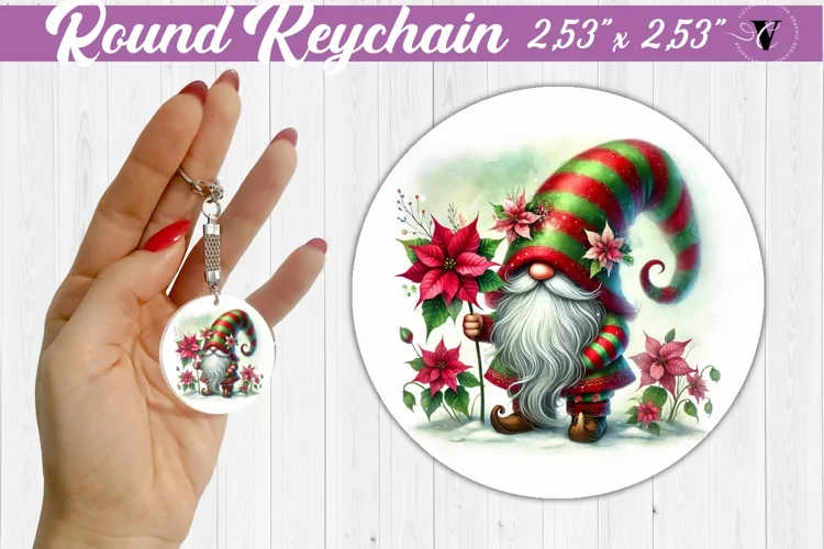 Round Keychain | Gnome with Flowers | Spring