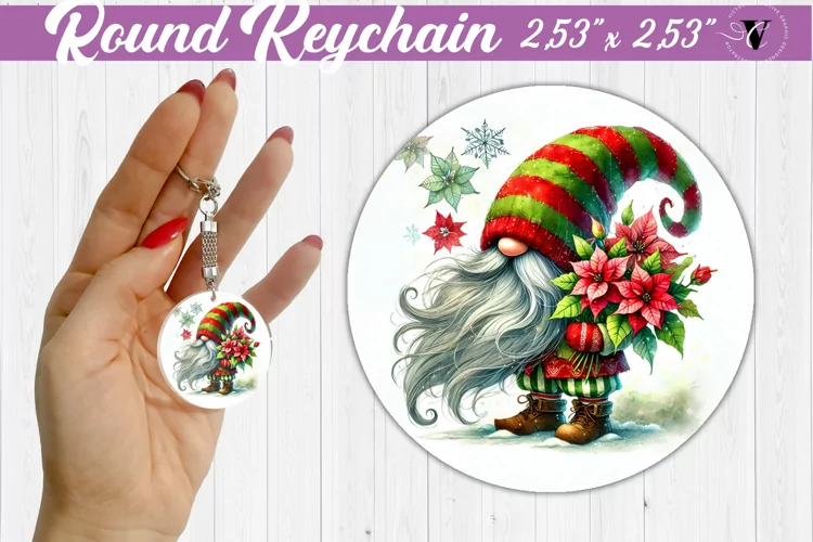 Round Keychain | Gnome with Flowers | Spring