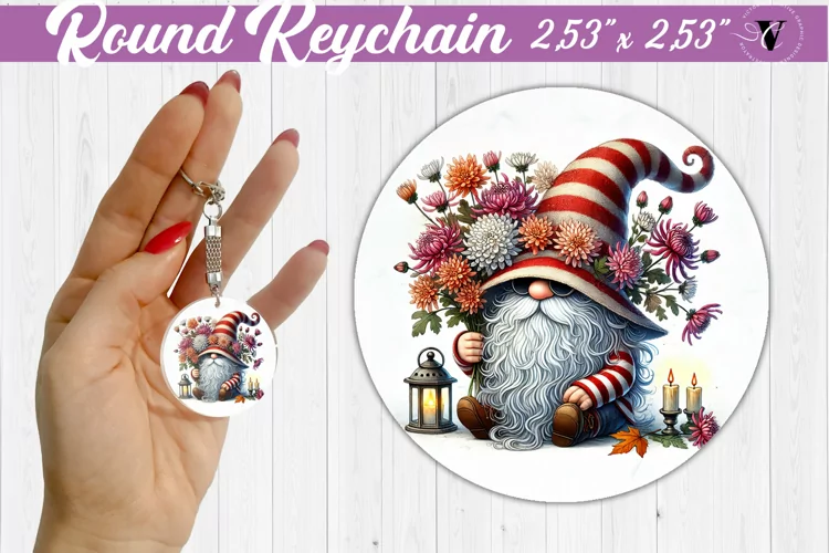 Round Keychain | Gnome with Flowers | Spring