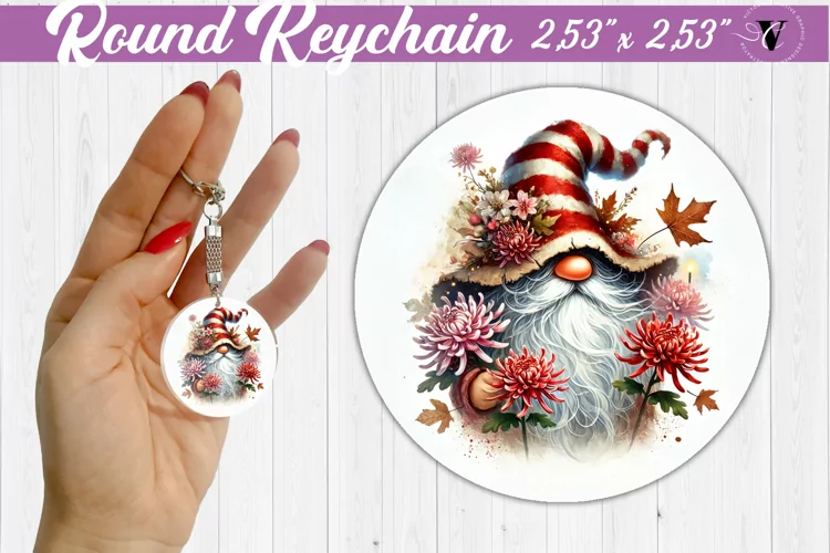 Round Keychain | Gnome with Flowers | Spring