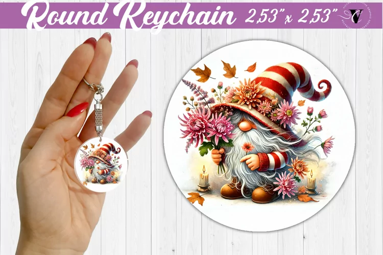 Round Keychain | Gnome with Flowers | Spring