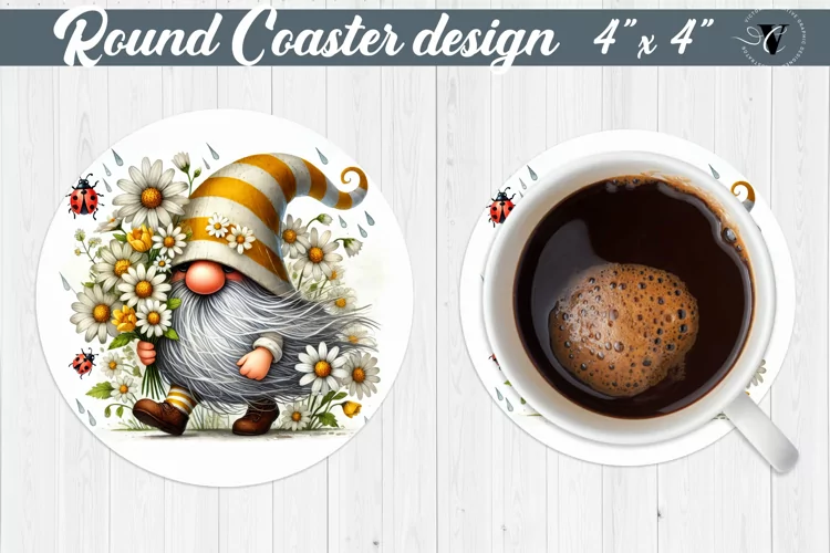 Round Coasters | Gnome with Flowers | Spring