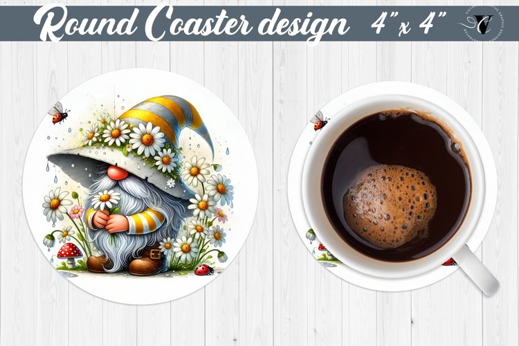 Round Coasters | Gnome with Flowers | Spring example image 1