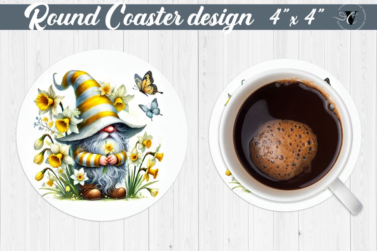 Round Coasters | Gnome with Flowers | Spring example image 1