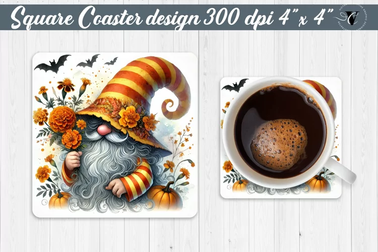 Square Coasters | Gnome with Flowers | Spring