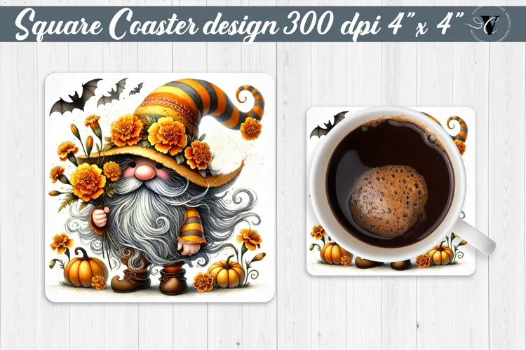 Square Coasters | Gnome with Flowers | Spring