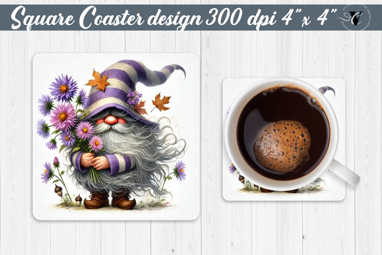 Square Coasters | Gnome with Flowers | Spring example image 1