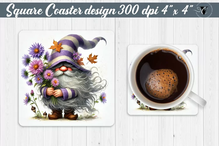Square Coasters | Gnome with Flowers | Spring