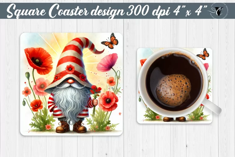 Square Coasters | Gnome with Flowers | Spring