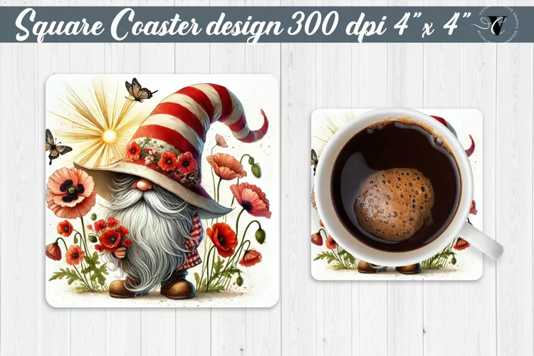 Square Coasters | Gnome with Flowers | Spring