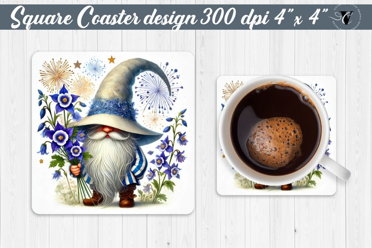Square Coasters | Gnome with Flowers | Spring example image 1