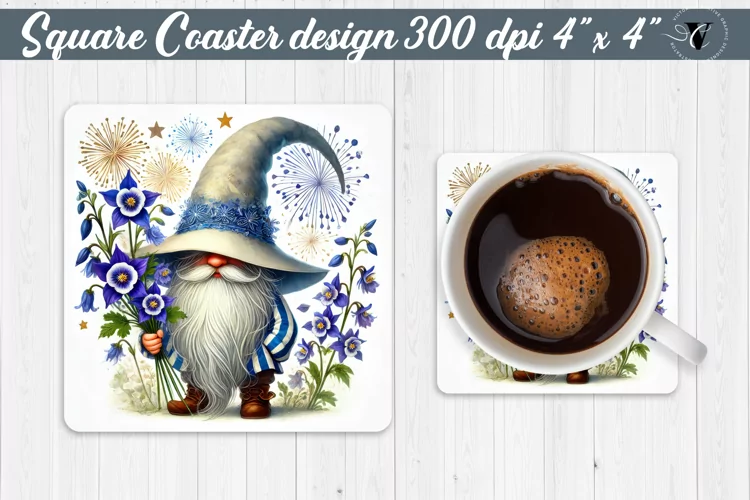 Square Coasters | Gnome with Flowers | Spring