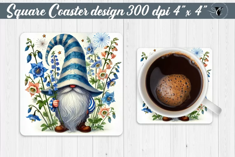 Square Coasters | Gnome with Flowers | Spring