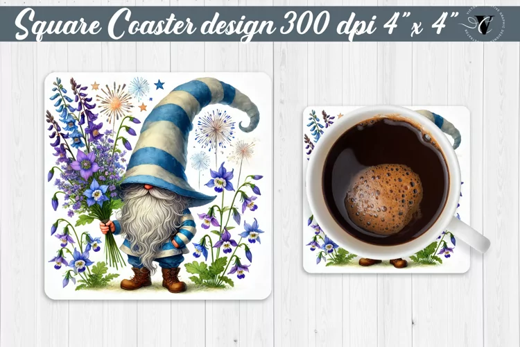 Square Coasters | Gnome with Flowers | Spring