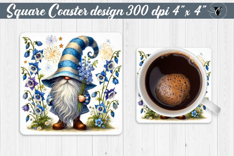 Square Coasters | Gnome with Flowers | Spring example image 1