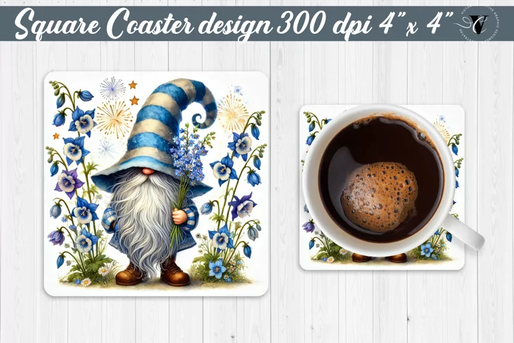 Square Coasters | Gnome with Flowers | Spring