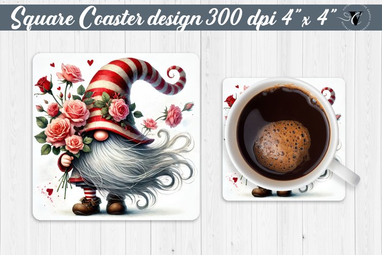 Square Coasters | Gnome with Flowers | Spring example image 1