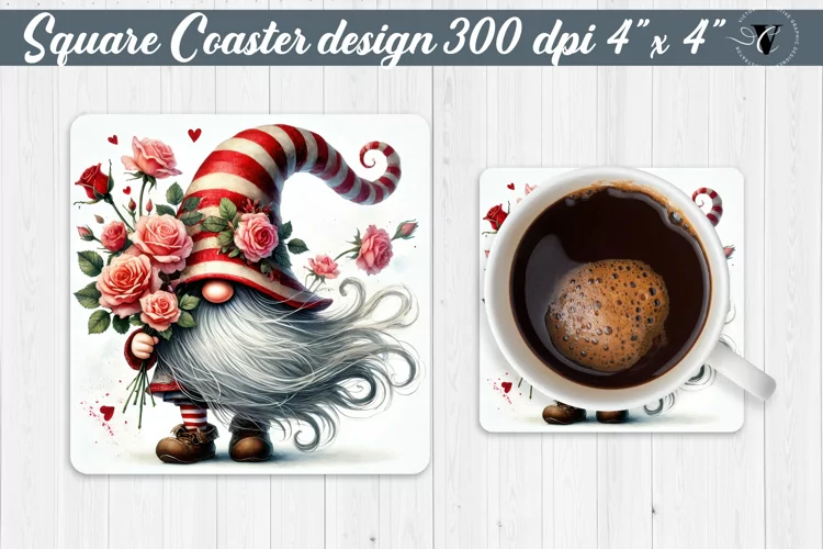 Square Coasters | Gnome with Flowers | Spring
